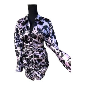 NWT Zara The Dita Satin Lavender Black Collar Mini Long Sleeve Ruched dress. XL